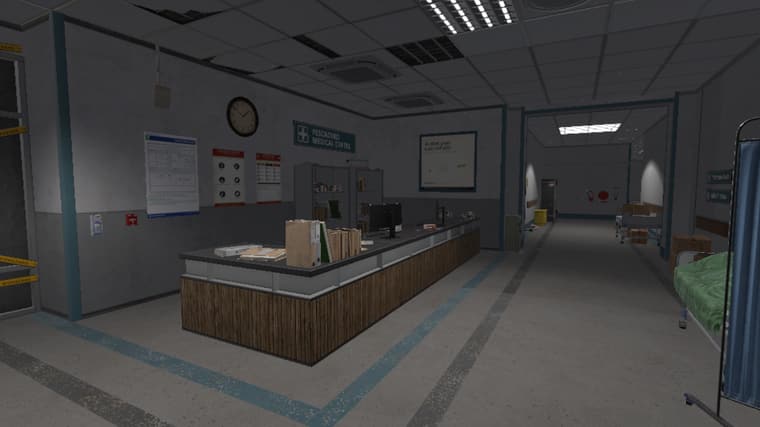 The reception desk of Pescadero Medical Center, ward signage above the counter, biohazard tape across a door.