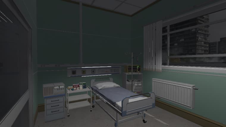 An empty patient room with a made bed, a monitor still switched on, and a city block visible through the window.