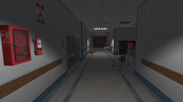 Floor 4: a fire hose reel on the wall, an abandoned wheelchair, and a barricaded doorway ahead.