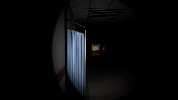 A drawn privacy curtain in the dark, with a small lit screen flickering further down the ward.